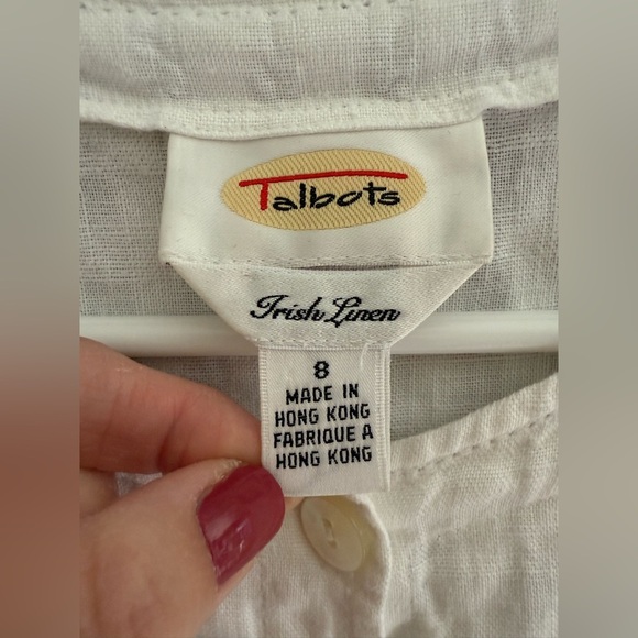 Talbots Womens White Irish Linen Button Up Blouse SZ 8 Long Sleeve Checkered - Picture 2 of 8